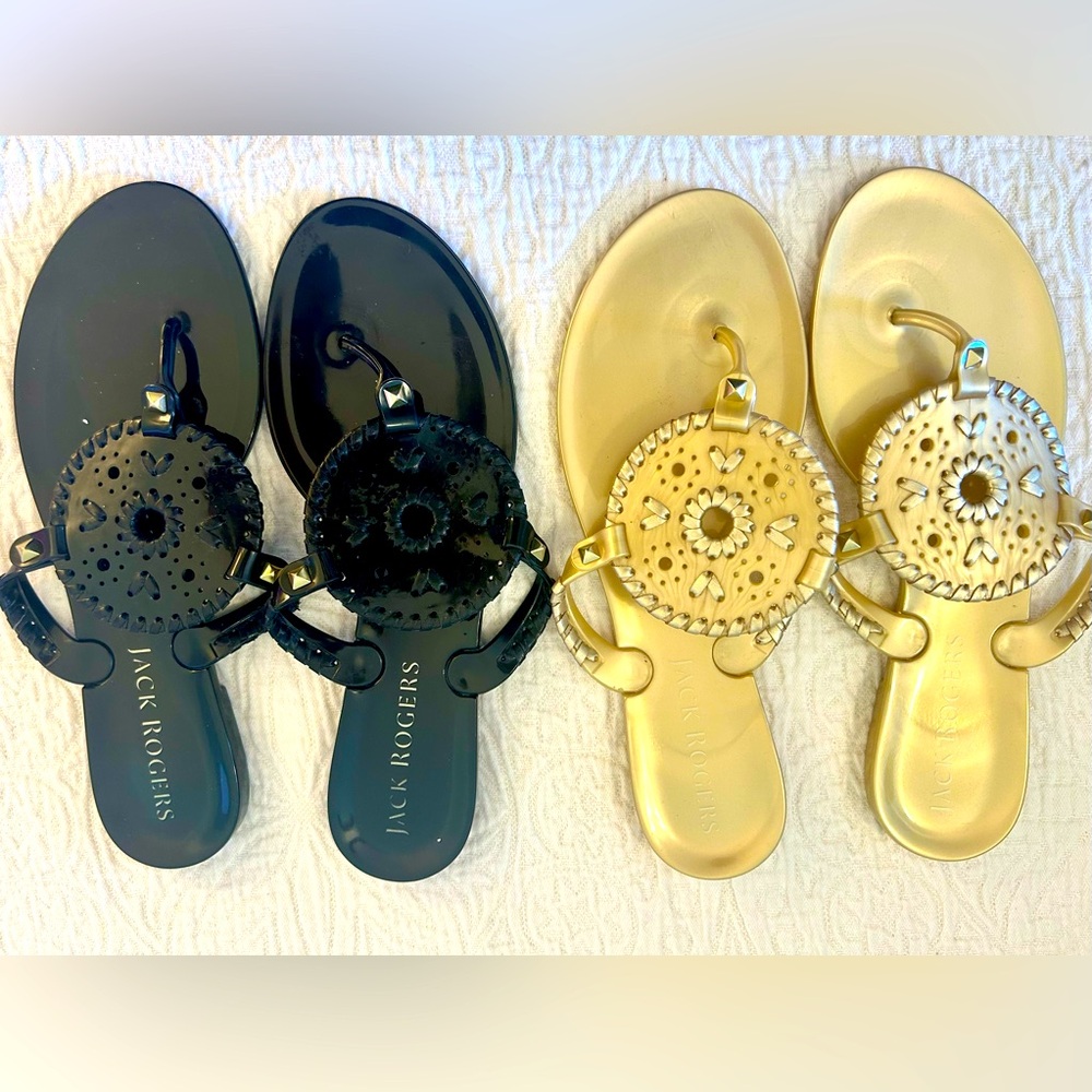 Jack Rogers Black and Gold Sandals with Elegant Ornamentation